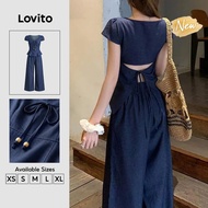 (New Arrival) Lovito Elegant Tops or Bottoms Tie Back Simple Spring/summer Dark Blue Trousers Tops o