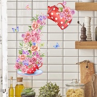 Plant Flowers Sprinkling Can Butterfly Wall Stickers Kitchen Refrigerator Cabinet Decorative Wall Sticker