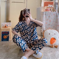 Korean High Quality Silk Print Short Sleeve Pajama Set Sleepwear For Women Pantulog