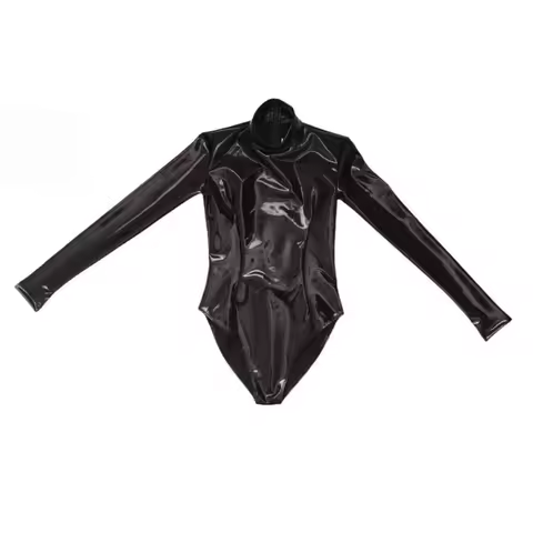 Women Long Sleeve Leather Bodysuit Zipper Glossy Metallic Bodycon Leotard Jumpsuit Stretch Rave Outf