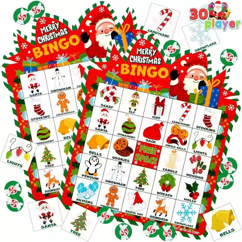30 Players Christmas Bingo Cards Xmas Bingo Game for Kids Family Activities Multi-Item Party Favor P