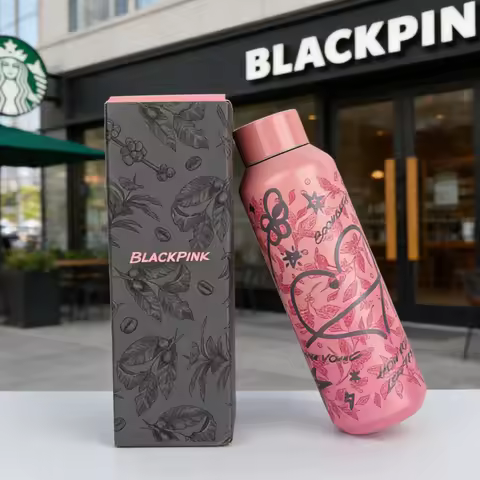 Limited Edition Starbucks Blackpink Pink Water Bottle, Heart Star Doodle Design Vacuum Insulated Cup