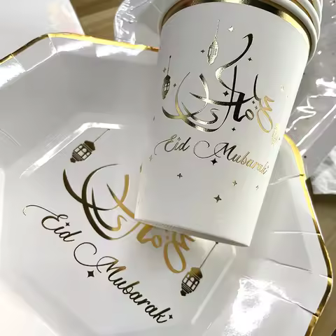 Eid Mubarak Disposable Tableware Gold Print Paper Plate Cup Napkin Ramadan Mubarak Decoration Islam 