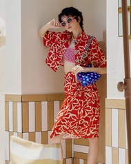 Sue.loveseveryday Summer Spice Wrap Skirt - กระโปรงฟรีไซส์ลายดอกไม้สีแดง