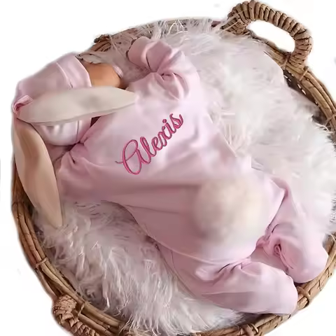 Handmade Personalized Bunny Outfit For Baby Custom Monogrammed Romper Name Outfit Newborn Bunny Hat 
