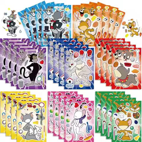 8 Animated Cat and Mouse Puzzle Stickers Cartoon Tom Jerry Fun Handmade Face Changing Collage Self-a