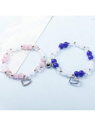 2 piezas Pulsera de cuentas de ojo de gato rosa con colgante de gato con cuentas de vidrio azul y broche magnético en forma de corazón para pareja, hermanas o amigos cercanos