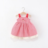 Red Suspender Baby Girl Dress Summer New Cute Plaid Children'S Clothing (9 Months -4 Years Old)