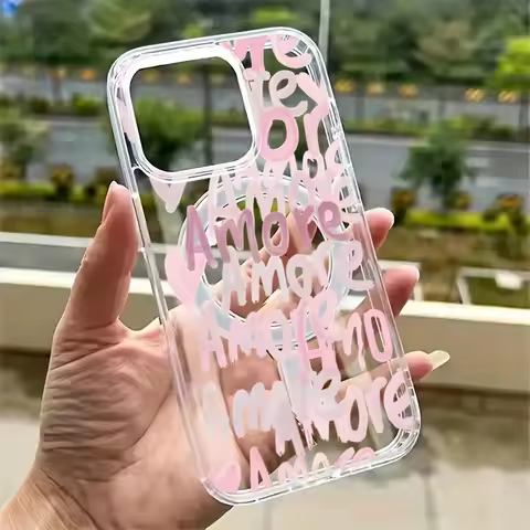 Amore-Love Romantic Pink Lettering Phone Case for iPhone 17 16 12 13 11 14 15 Pro Max 7 8 Plus Magne
