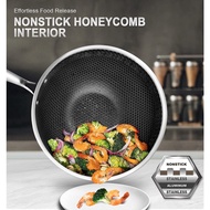 [Ready Stock] 30cm/32cmNon -StickPan/Wok 304 Stainless Steel Honey Comb Double Full Screen All Suitable Stoves