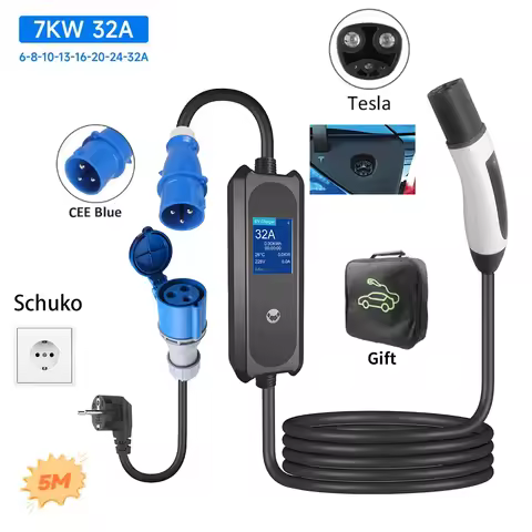 2.8Inch LED 7KW 32A 1Phase Portable EV Charger Wallbox For Tesla With 3.5m/5m Cable for Tesla Models
