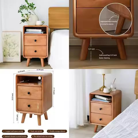 Mid-Century Modern Solid Wood 2-Drawer Nightstand with Storage for Bedroom