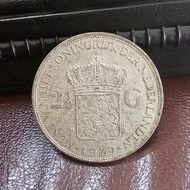 koin kuno 2 1/2 Gulden Wilhelmina tahun 1929 uncleaned