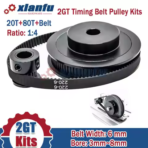 Ratio 1:4 2GT 20T 80T Timing Belt Pulley Kits Bore3~8mm Black Wheel Set GT2 Belt Width 6mm Pulley Se