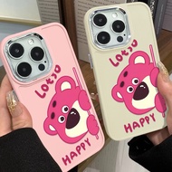 Happy Strawberry Bear Cute Phone Case Compatible for IPhone 11 12 13 Pro 14 15 7 8 Plus SE 2020 XR X XS Max Metal Buttons Shock-absorbing Large Hole Frame Silicone Case