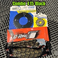 Combo Sprocket 415 Black FHD RXZ LC135 Y15 Y16 4 hole Sprocket 415 4 Lubang Combo Rantai ORing 415 E