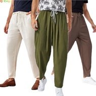 Spring/summer Men's Fashion Casual Pants Cotton and Linen Pants Men Loose Lace-up Trousers Army Green Khaki Beige Slacks