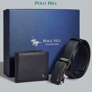POLO HILL Men Gift Box 2-in-1 Bundle Set Genuine Leather RFID Secured Wallet Automatic Belt PMAS001