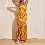 All-Over Printed Chiffon Spaghetti Straps Center Slit Dress Women Summer Vacation Elegant Dress Wome