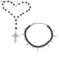 feelsaa Fashionable Gothic Necklace Faux Pearls Chain Crucifix Pendant Clothes Ornaments