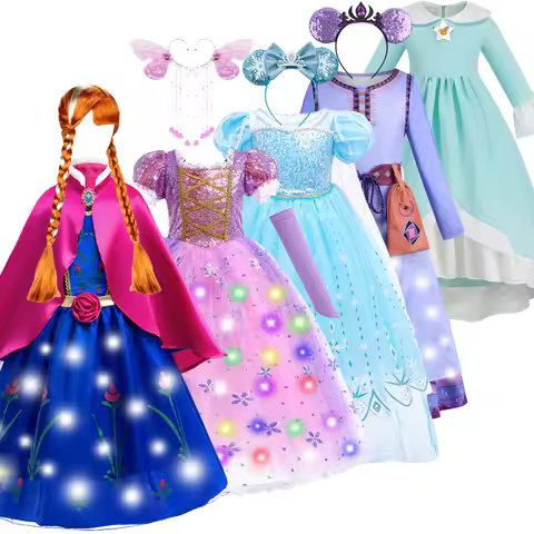 Rapunzel LED Princess Dress for Kid Girl Anna Rosalina Elsa Wish Asha Halloween Carnival Birthday Pa