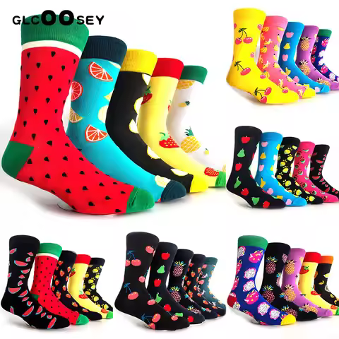 5pairs/pack Fresh Fruits Men Happy Socks Lemon Pineapple Orange Watermelon Strawberry Fish Jellyfish