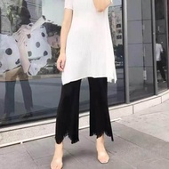 Miyake กางเกงจับจีบกางเกงผู้หญิงสีทึบเอวยางยืดบาง Slim Micro-Flared Fringed คร็อปแพนท์ 6855