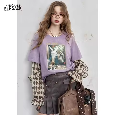 ELFSACK Women's Loose Graphic Tee with Rabbit Print, Argyle Patchwork Long Sleeve Casual Top