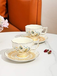 2入組/套瓷杯和盤子現代花卉圖案咖啡杯和桌盤辦公室