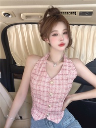 Mùa Hè Pháp Dễ Thương Cay Bé Gái Len Kẻ Caro Cộc Tay Không Tay Hở Lưng Áo Croptop Nữ Thon Gọn Áo Tre