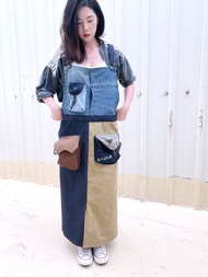 手工製作牛仔拼接吊帶釦造型長版圍裙