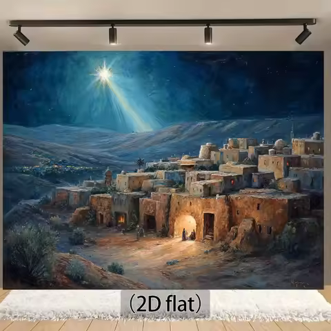 2D flat Christmas scene background fabric with Christmas stars and desert village night sky - 2D fla