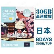 【日本】8天 30GB高速4G 無限上網卡數據卡電話卡Sim咭 8日日本卡