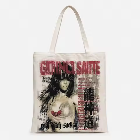 Grunge Gothic Anime Girl Canvas Tote Bag, Vintage Distressed Poster Print Large Shoulder Handbag Str