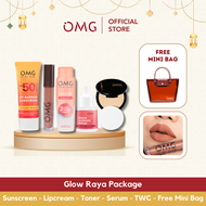 [GLOW RAYA PACKAGE] Paket OMG Sunscreen Two Way Cake Lip Cream Toner Serum - Intense Tahan Lama Skincare Glowing (Free Minibag OMG)
