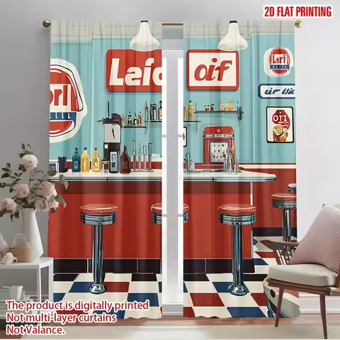Retro American Diner Scene Blackout Curtains - Vintage 50s Kitchen Bar Print Window Drapes for Cafe