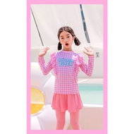 2-12 Yrs Kids Girl Pink Floral Plaid Design Swimwear Long Sleeve Muslimah Swimsuit Anti-UV Baju rena