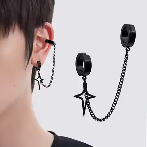 Black Hollowed-out Four-pointed Star No Piercing Clip Earrings Connect Ear Bone Clip for Women Men S