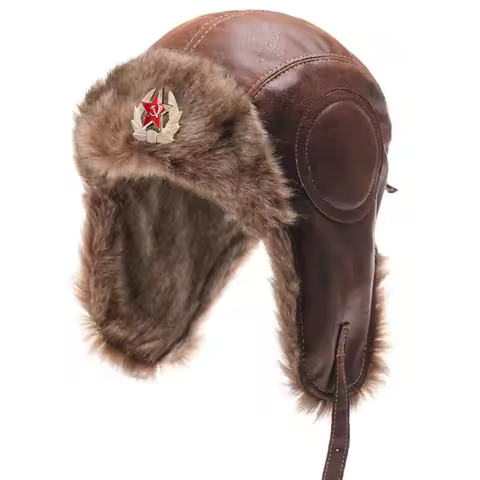 Men's Winter Faux Leather Thicked Lei Feng Hats Russian Ushanka Hat Outdoor Warm Earflap Windproof S
