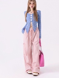y2k Plus size wide leg cargo pants for women Korean style high waist loose casual pink pants