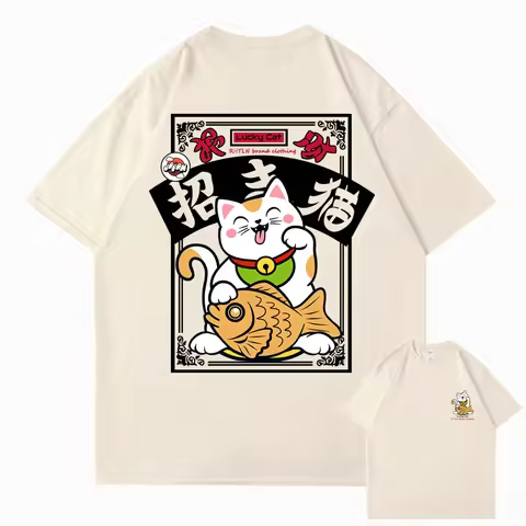 Hip hop streetwear Harajuku T-shirt Japan Fortune Cat 2025 men's summer 100% cotton casual short sle