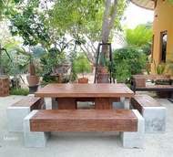 ชุดโต๊ะไม้หมอน โต๊ะสนาม ชุดโต๊ะสนามปูนลายไม้ ฝีมือคนไทย ขนาด 180*90 cm.