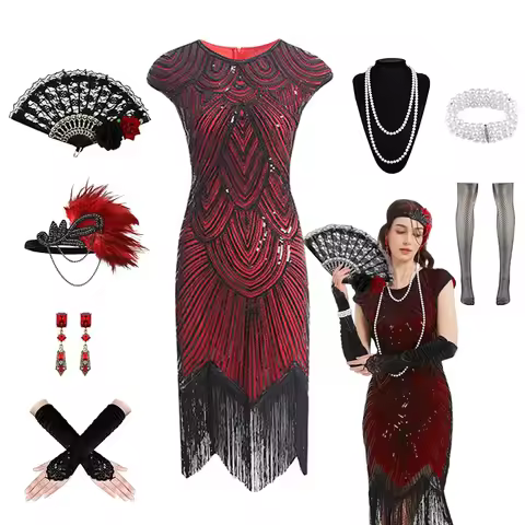 1920s Dresses for Women Flapper Dress Lace Fan Feather Headband Sequins Beads Fringes 20s Accessorie