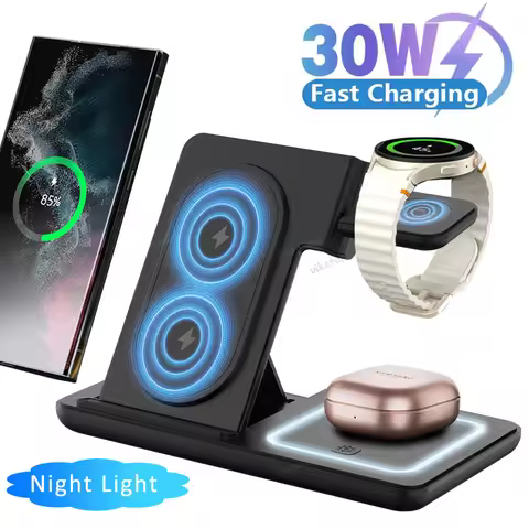 3 in 1 LED Light Foldable Wireless Charger Stand For Samsung S24 S23 Galaxy Watch 2-8 Active 1 2 Bud