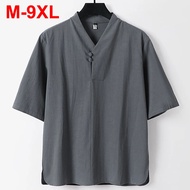 ASFLY 9XL Plus Size Men T Shirts Summer Casual Loose Cotton Linen T-shirts Short Sleeve V-neck Tee T