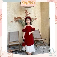 Ao dai set CNY for girls N68, Red velvet off-the-shoulder ao dai set with matching skirt for girls