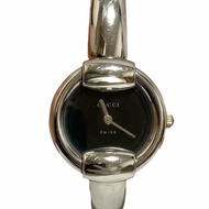 GUCCI 1400L 石英模擬手鐲腕錶，黑色錶盤，銀色錶殼，女士腕錶