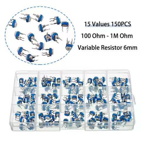 150Pcs Variable Resistor 100 Ohm-1M Ohm Trimmer Potentiometer Assorted Kit 15 Types 1K 3.3K 10K 20K 