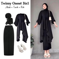Ready Stock One set 3in1 baju panjang tunik hitam rok span hitam jilbab bella | ootd outfit oneset l