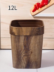 1件復古塑料木紋設計壓環方形垃圾桶